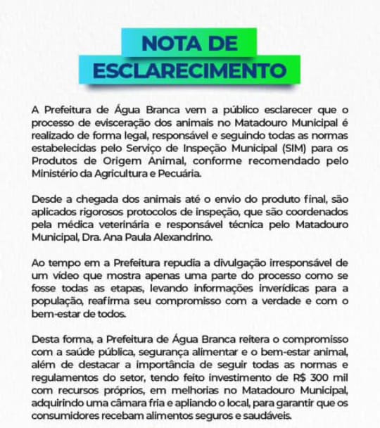 Prefeitura de Água Branca esclarece caso de evisceração de animais em matadouro municipal