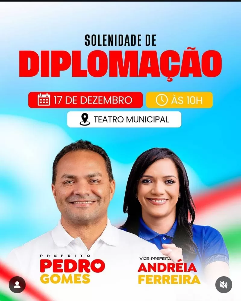 Prefeito eleito de José de Freitas Pedro Gomes será diplomado nesta terça-feira (17)