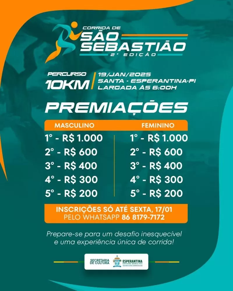 Prefeitura de Esperantina abre inscrições para a 2ª edição da Corrida de São Sebastião