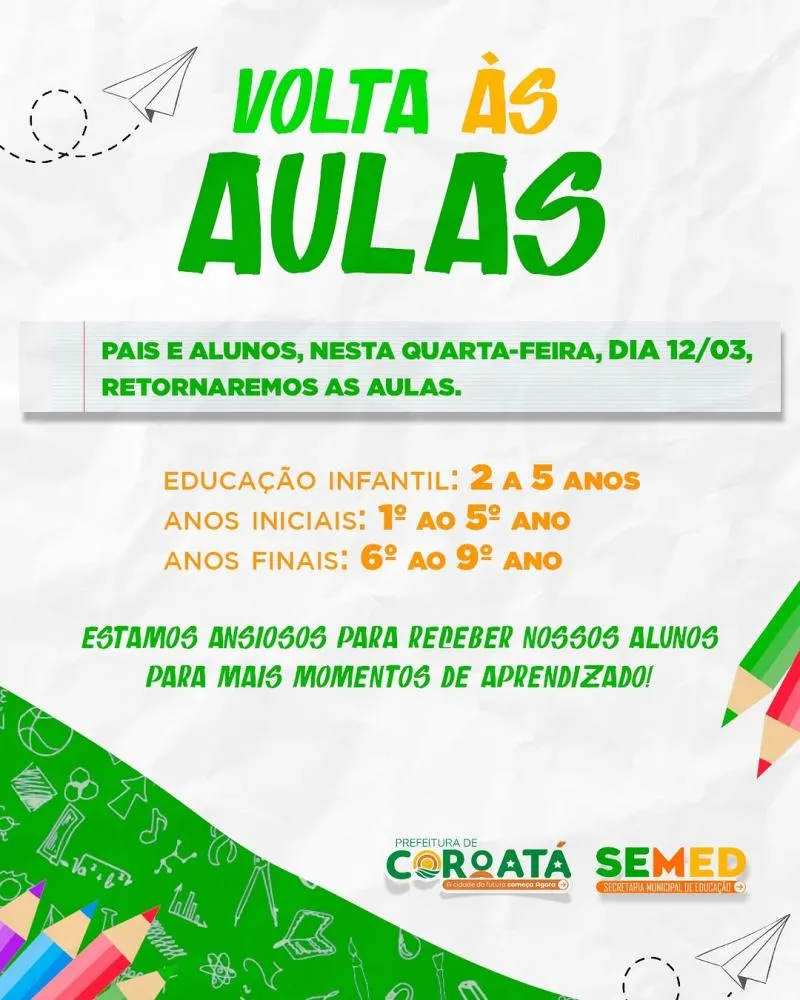 Prefeitura de Coroatá anuncia início das aulas para 12 de março