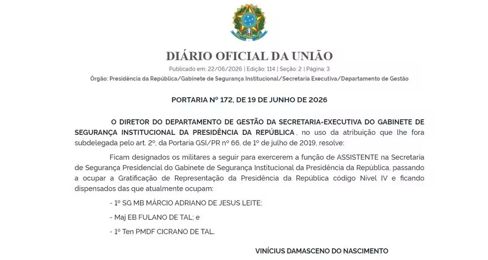 GSI publica portaria com nomes fictícios para cargos na Secretaria de Segurança Presidencial