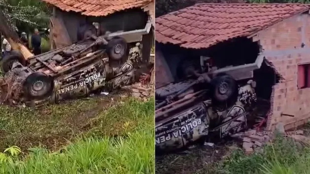 Viatura da Polícia Penal capota e atinge casa às margens da MA-106 em Bequimão