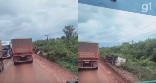 Cinco caminhões tombam em trecho em obras da BR-135 após chuva