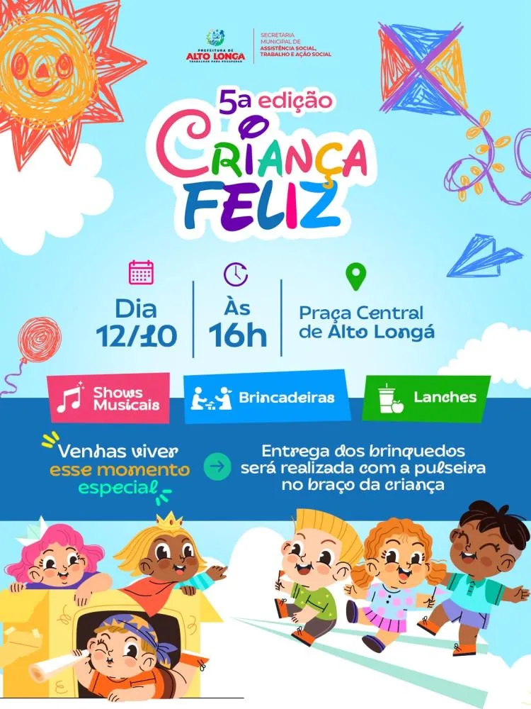 Prefeitura de Alto Longá realiza a 5ª edição do “Criança Feliz” com shows, brincadeiras e lanches na Praça Central