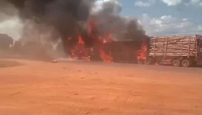 Carreta carregada com eucalipto pega fogo na MA-386, em Imperatriz